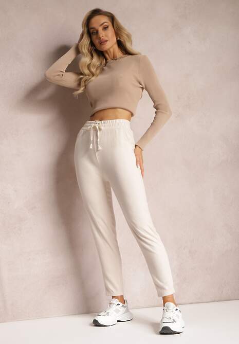 Pantaloni bej deschis High Waist din lână cu elastic și șnur în talie Ishildame