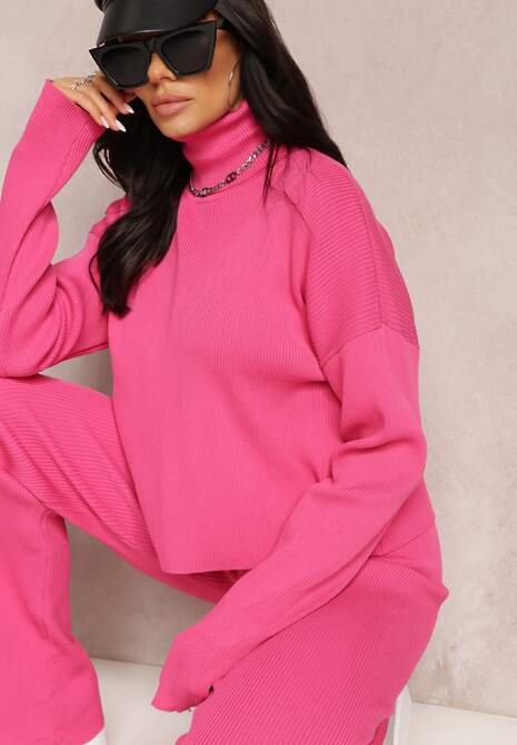 Fuksjowy Wiskozowy Komplet Sweter z Golfem i Spodnie z Prostymi Nogawkami i Gumką w Pasie Geddora 4