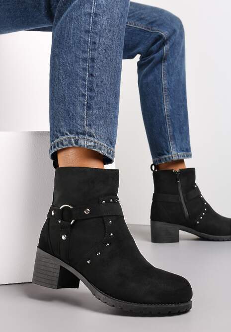 Botine negre cu toc gros și curele decorative Seuaia