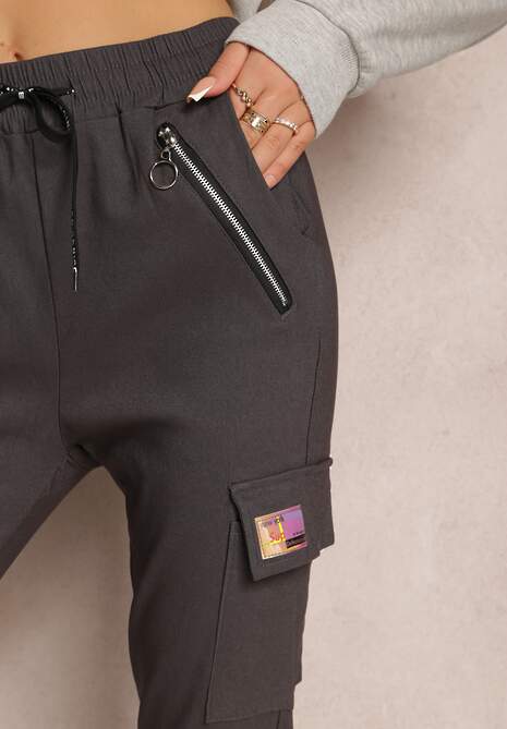 Pantaloni Gri Bojówki din Bumbac cu Fermoar și Buzunare cu Elastic în Talie Odivia 5