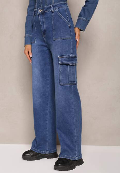 Niebieskie Szerokie Jeansy High Waist z Kieszeniami Cargo Megha 4