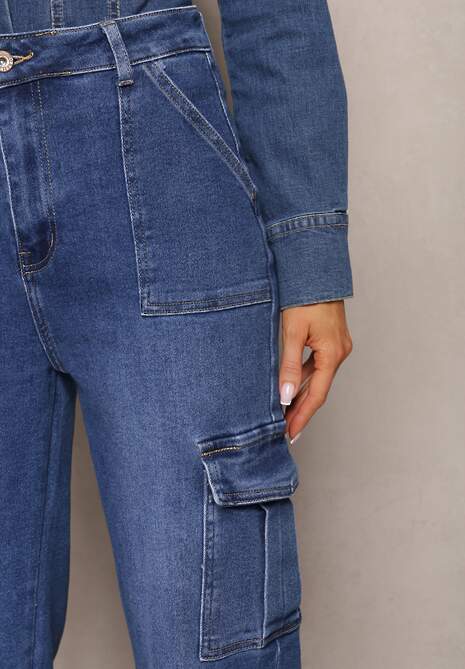 Niebieskie Szerokie Jeansy High Waist z Kieszeniami Cargo Megha 5