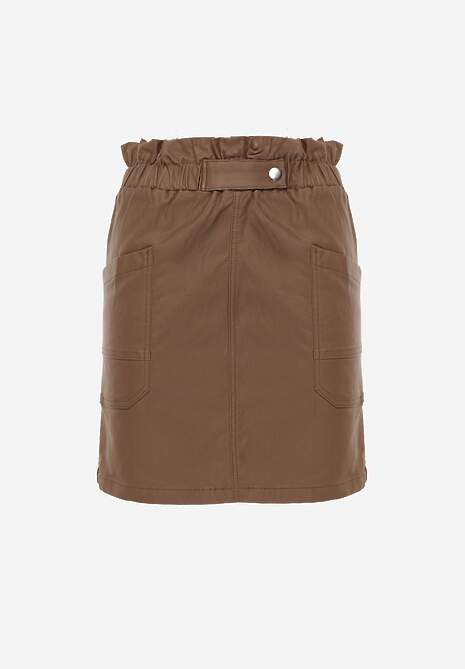Brązowa Dopasowana Spódnica Mini z Imitacji Skóry z Gumką w Talii i Kieszeniami Anishree 6