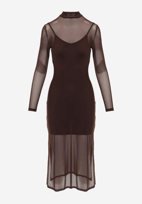 Rochie Midi Tricotată Maro Translucidă cu Bavina Slip 6