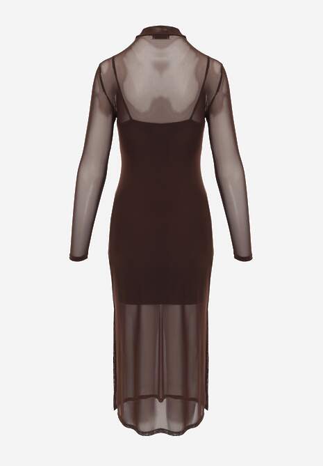Rochie Midi Tricotată Maro Translucidă cu Bavina Slip 7