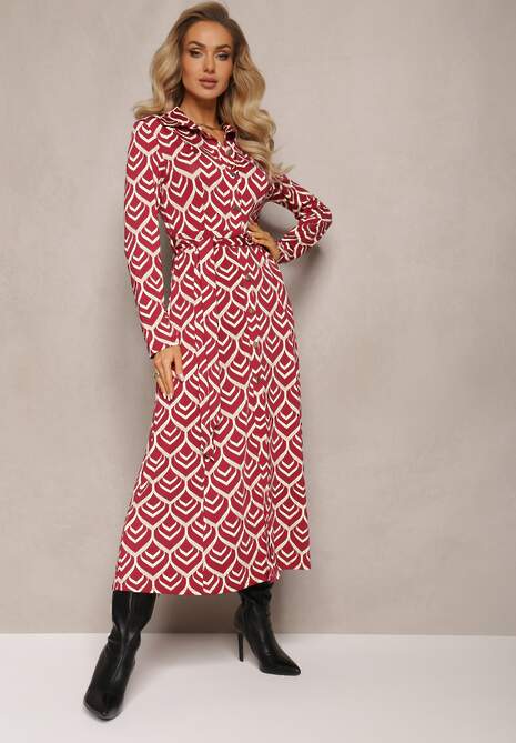 Ciemnobordowa Koszulowa Sukienka Maxi w Geometryczny Wzór Suvve