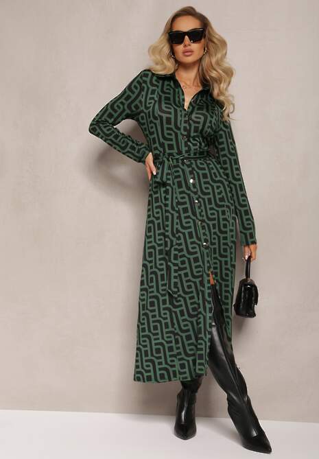 Zielona Koszulowa Sukienka Maxi w Geometryczny Print Gelismi