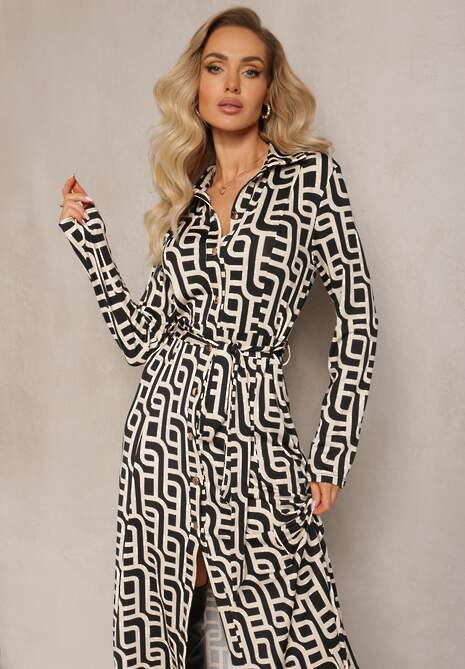 Rochie Cămașă Maxi Bej-Negru Imprimeu Geometric Gelismi 4