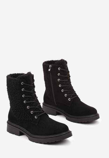 Botine Negre Tip Worker cu Blană Decorativă Sinuas 4