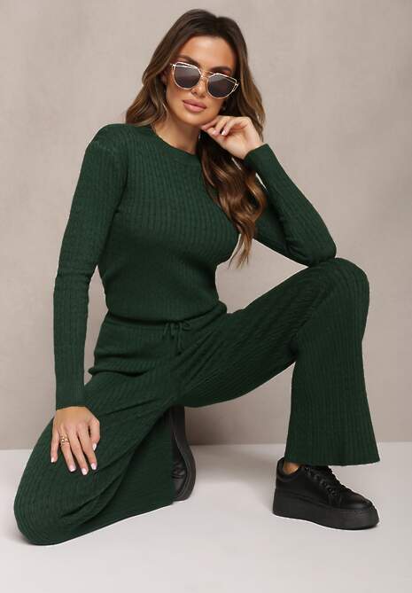 Set Verde Închis Două Piese Tricot Coaste Pantaloni Largi și Pulover Clasic Agecca 4