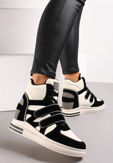 Czarno-Białe Sneakersy na Ukrytym Koturnie Zapięcie na Rzep Dodatkowo Sznurowane z Ozdobnymi Wstawkami z Ekozamszu Tisgnet