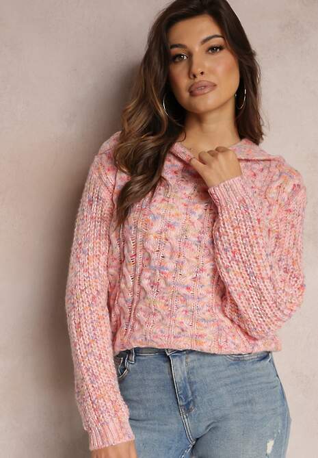 Pulover Roz Croșetat din Bumbac Multicolor cu Glugă și Împletitură Hagoșine