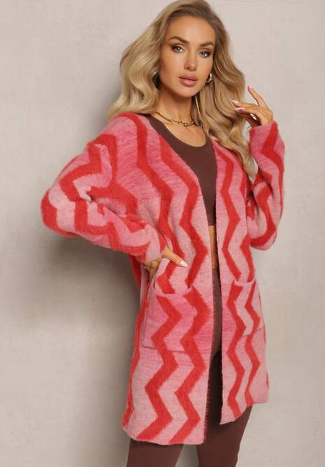 Cardigan roșu lejer fără închidere cu imprimeu geometric Sheshy 4