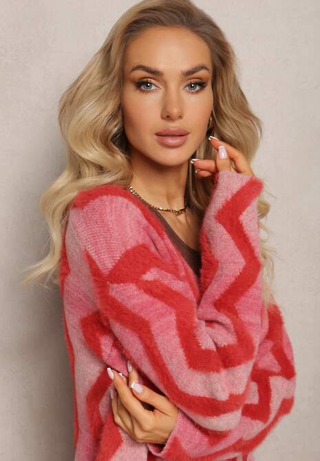 Cardigan roșu lejer fără închidere cu imprimeu geometric Sheshy 5