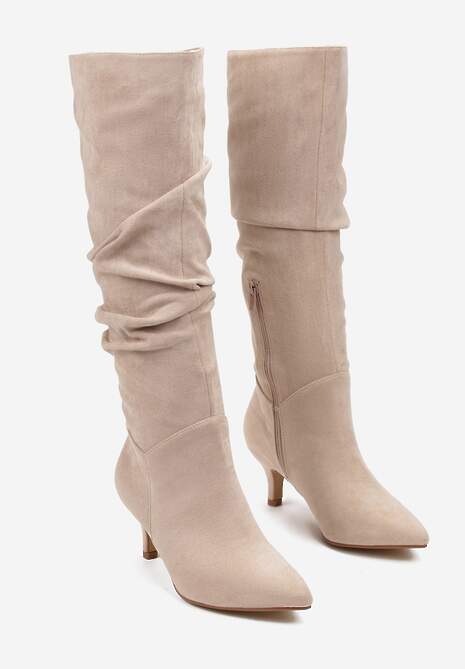 Beżowe Kozaki z Marszczoną Cholewką na Niskiej Szpilce Bisrates 4