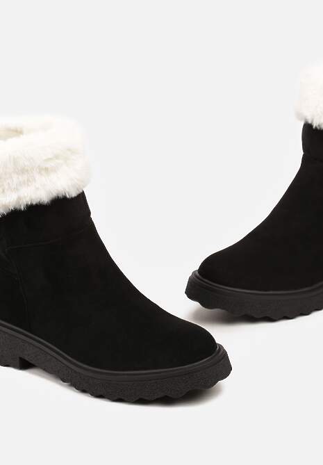 Botine negre din imitație de piele întoarsă cu blană și talpă joasă Cegia 5