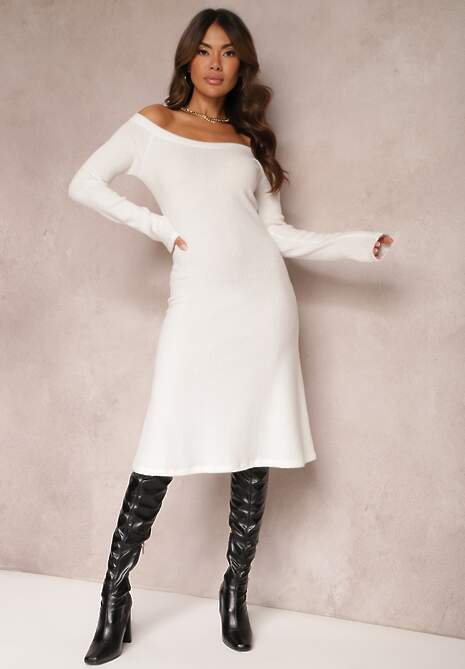 Biała Sukienka Midi z Prążkowanej Dzianiny Kires