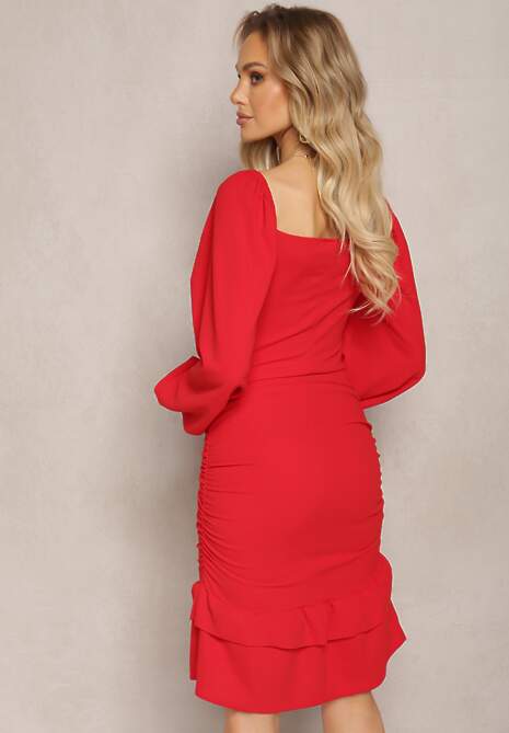 Czerwona Dopasowana Sukienka z Kwadratowym Dekoltem i Falbanką Arozza 4