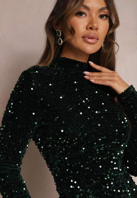 Rochie Verde Închis Cu Paiete Mini Cu Guler Rottamia 5