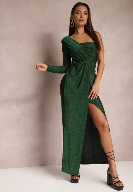 Zielona Asymetryczna Sukienka z Metalicznym Wykończeniem Rozcięciem i Drapowaniem Abevinna