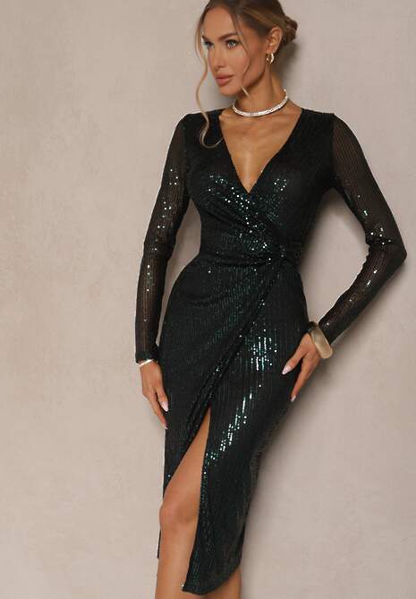 Rochie Verde Midi Tip Plic cu Drapat Ornată cu Paiete Fendra 4