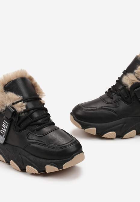 Czarne Sneakersy Przed Kostkę na Płaskiej Grubej Podeszwie z Ociepleniem ze Sztucznego Futerka Borrolla 6