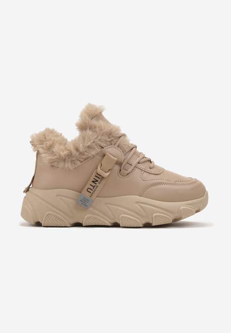 Ciemnobeżowe Sneakersy Przed Kostkę na Płaskiej Grubej Podeszwie z Ociepleniem ze Sztucznego Futerka Borrolla 4