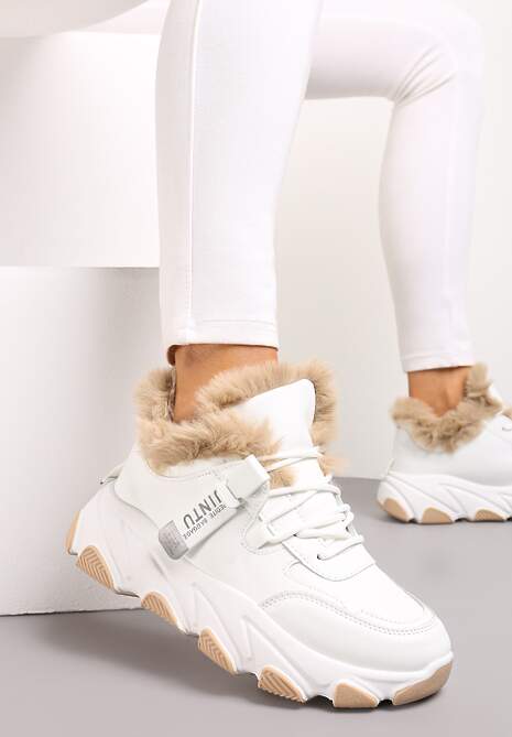 Białe Sznurowane Sneakersy Chunky z Futerkiem i Grubą Podeszwą Nimfore