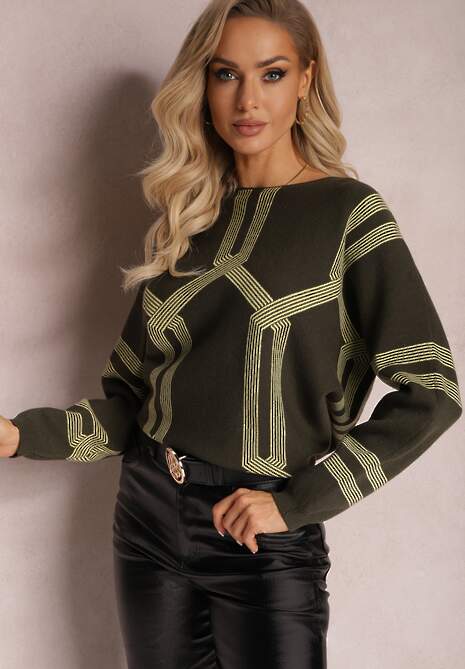 Zielony Sweter z Okrągłym Dekoltem i Wzorem w Paski Busso