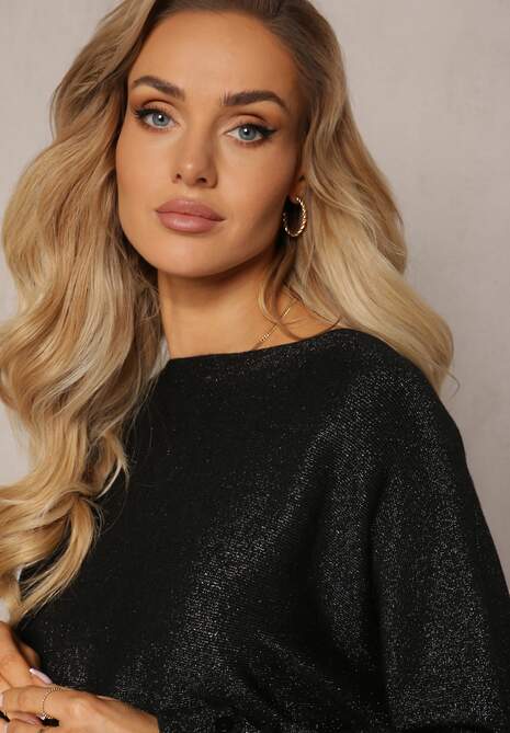 Czarny Sweter Oversize z Połyskującą Nitką Hukka 5