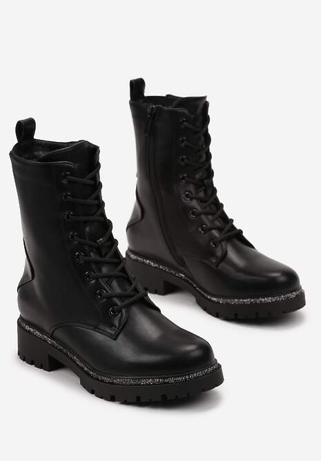 Botine negre workeri cu șireturi și curea decorativă cu zirconii pe talpă plată Mikiea 4