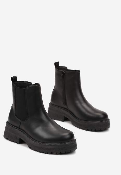 Botine Chelsea Negre cu Talpă Groasă cu Profil și Inserție Textilă Hinnu 4