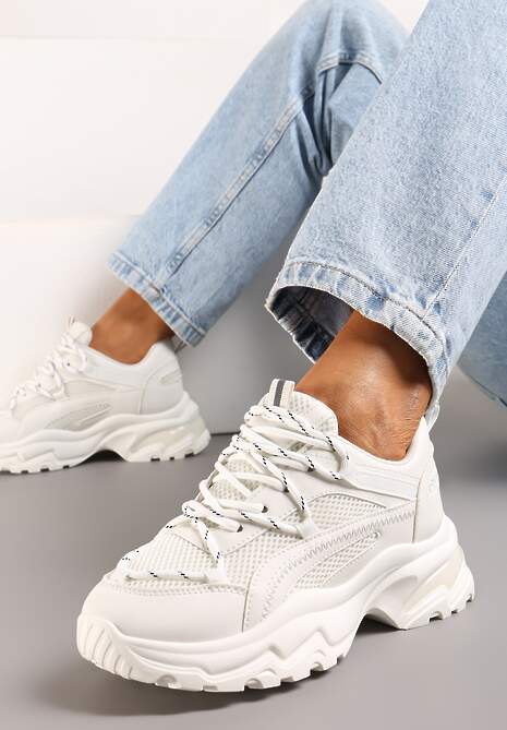 Białe Sneakersy na Masywnej Podeszwie z Siateczkowym Wstawkami i Ozdobnymi Sznurówkami Ollavia 5