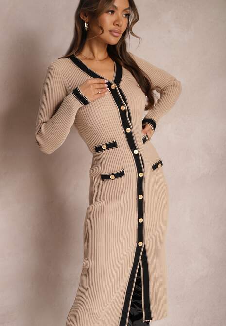 Rochie bej din viscoză cu croială cambrată cu nasturi decorativi Juhazza 4