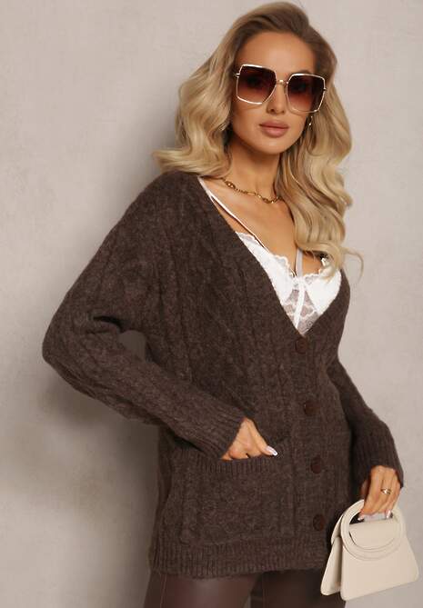 Brązowy Zapinany Kardigan z Trójkątnym Dekoltem i Warkoczykowy Splot Juessa 4