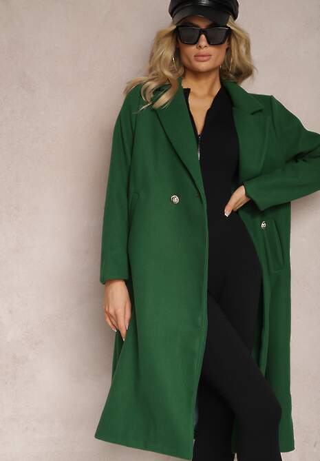 Zielony Długi Płaszcz z Biżuteryjnymi Guzikami Tudella
