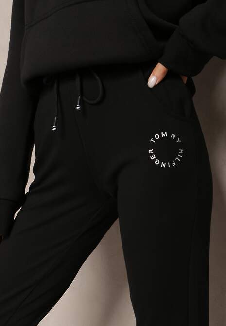 Negru Pantaloni sport din bumbac cu elastic în talie și șnur cu inscripție decorativă Rissa 5
