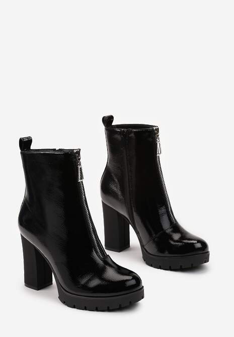 Botine Negre Lacate cu Toc Bloc și Fermoar Decorativ cu Pietre Elorine 4