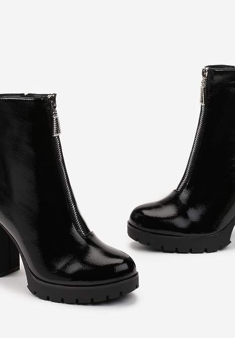 Botine Negre Lacate cu Toc Bloc și Fermoar Decorativ cu Pietre Elorine 5