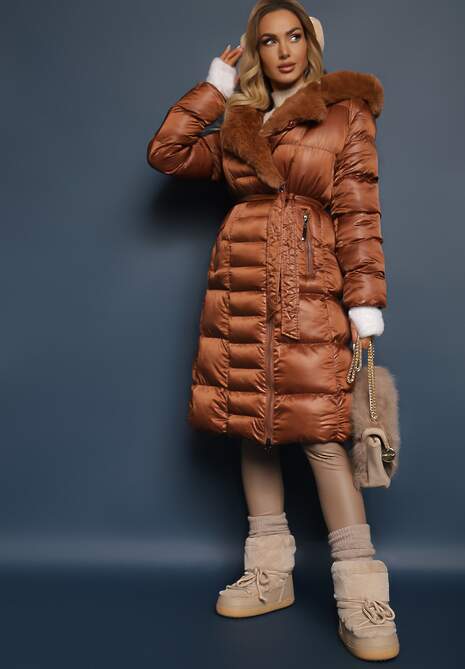 Brązowa Pikowana Kurtka Płaszcz za Kolano z Wiązanym Paskiem i Futerkiem Vivenda 4