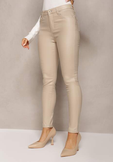 Bej Pantaloni Conici Push Up Imitatie Piele Lindrela 4