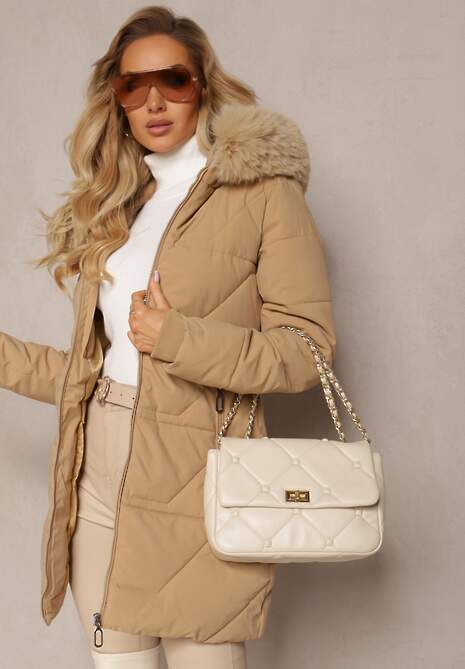 Ciemnobeżowa Pikowana Kurtka z Kapturem i Ozdobnym Futerkiem Zepiola 4