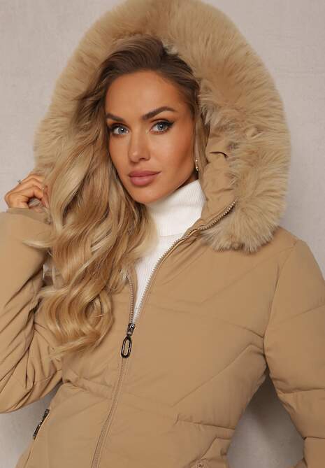 Ciemnobeżowa Pikowana Kurtka z Kapturem i Ozdobnym Futerkiem Zepiola 5