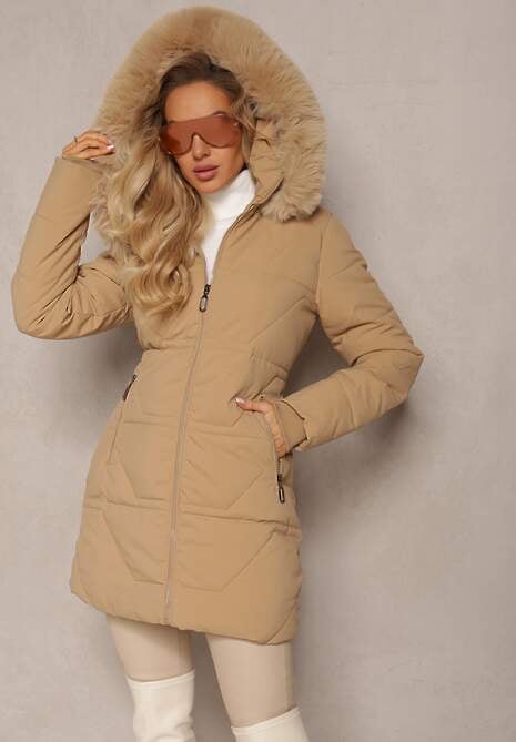 Ciemnobeżowa Pikowana Kurtka z Kapturem i Ozdobnym Futerkiem Zepiola