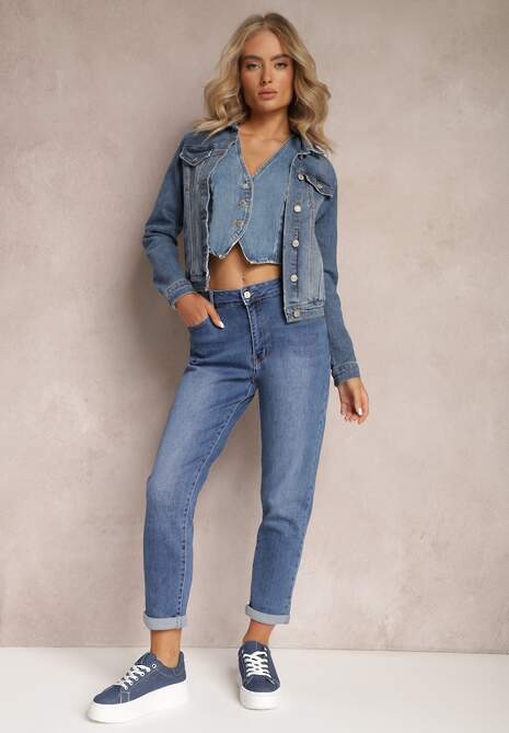 Ciemnoniebieskie Jeansy Mom Fit Regular Waist z Przetarciami Darindria