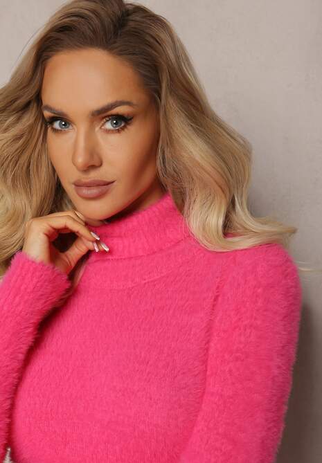 Rochie Mini Fucsia Tip Pulover cu Guler Înalt din Tricot Elastic cu Lână Vivalis 5