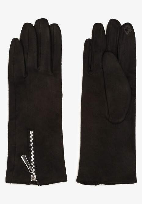 Czarne Rękawiczki Pięciopalczaste z Imitacji Zamszu Ozdobione Zamkiem Bikube