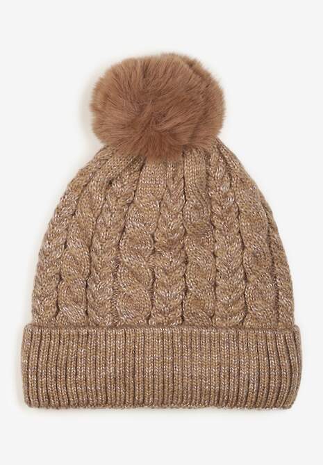Căciulă Beanie Tricotată Bej Închis cu Pompon din Blană și Impletitură Coadă Lalinne