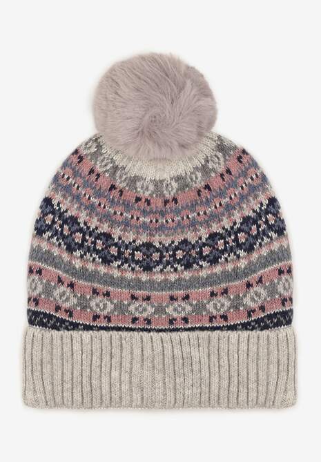 Căciulă Gri Tricotată Beanie cu Lână cu Model Crăciun și Pompon Nalinne