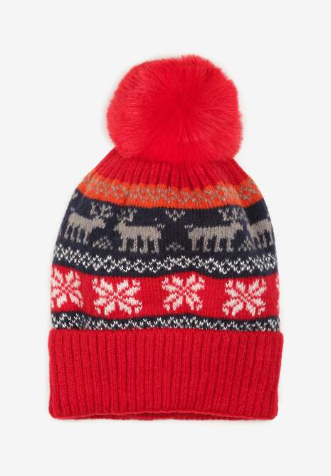 Căciulă Beanie cu Motiv Festiv și Pompon din Blană Iralinne